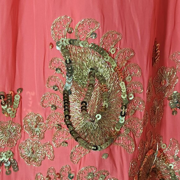 CALYPSO St. Barth Coral & Gold Maxi Dress Embroidered Sequin Sz XS DAMAGED - Picture 4 of 16